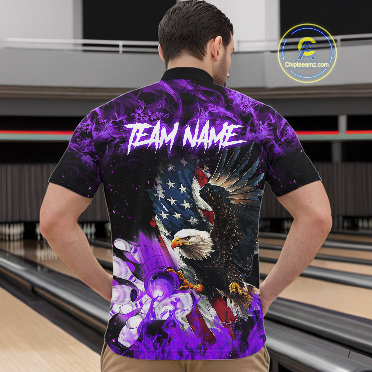 Man wearing purple flame American flag eagle bowling team jersey quarter zip shirt featuring patriotic eagle and American flag artwork, back view.