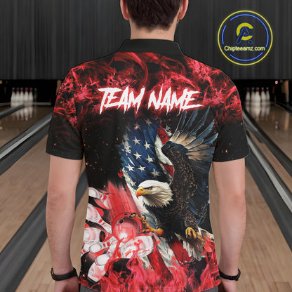 Man wearing red flame American flag eagle bowling team jersey polo shirt featuring patriotic eagle and American flag artwork, back view.
