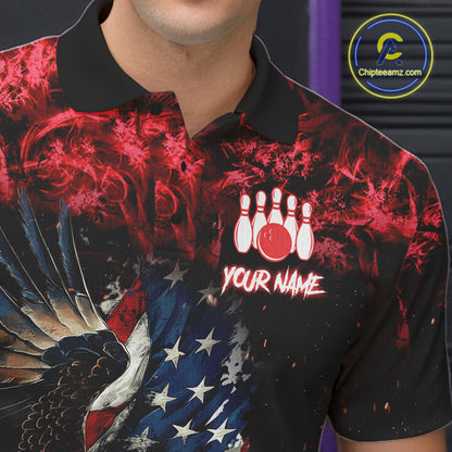 Close-up of red flame American flag eagle bowling team jersey polo shirt featuring collar, buttons and patriotic eagle American flag artwork.