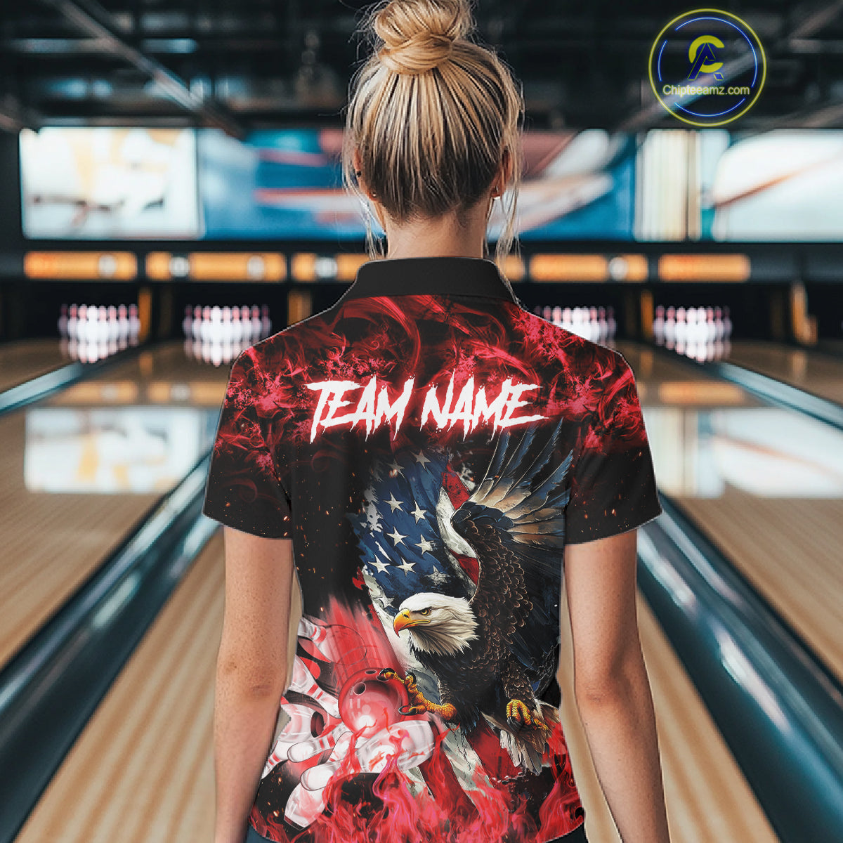 Woman wearing red flame American flag eagle bowling team jersey polo shirt featuring patriotic eagle and American flag artwork, back view.