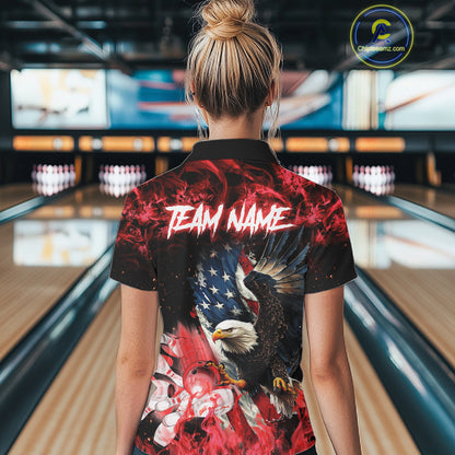 Woman wearing red flame American flag eagle bowling team jersey polo shirt featuring patriotic eagle and American flag artwork, back view.