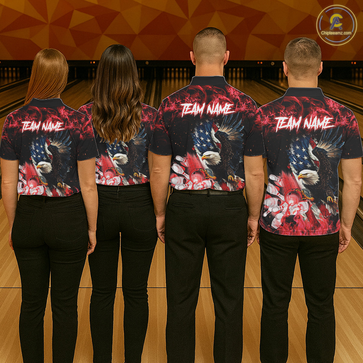 Bowling team wearing matching red flame American flag eagle bowling team jerseys, back view.