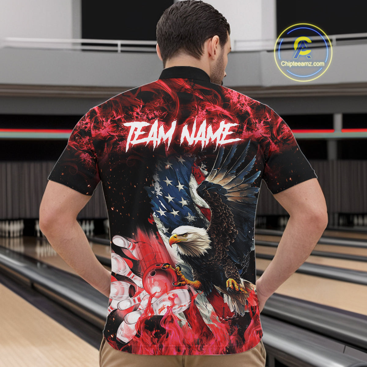Man wearing red flame American flag eagle bowling team jersey quarter zip shirt featuring patriotic eagle and American flag artwork, back view.