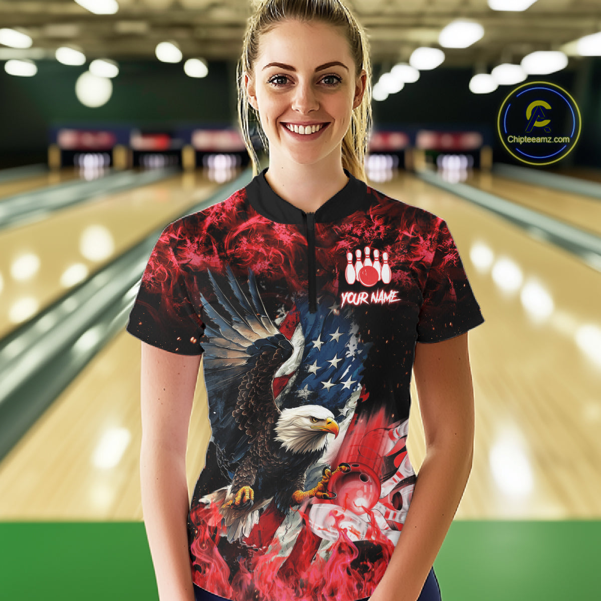 Woman wearing red flame American flag eagle bowling team jersey quarter zip shirt featuring patriotic eagle and American flag artwork, front view.