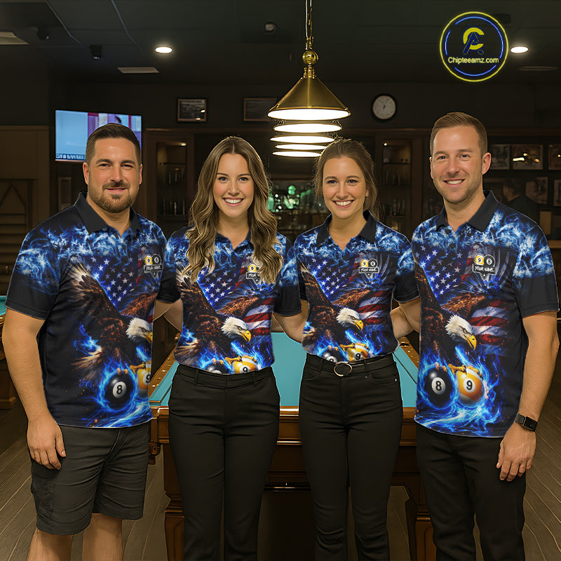 Blue Flaming Eagle 8 Ball 9 Ball Pool Billiard Shirt For Women Custom American Flag Billiard Jersey TDM7161
