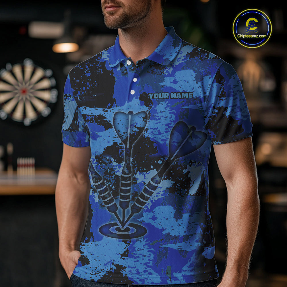 Custom Grunge Blue Camo Arrow Darts Shirts For Men, Retro Darts Jersey Team Polo & 1/4 Zip TDM5664