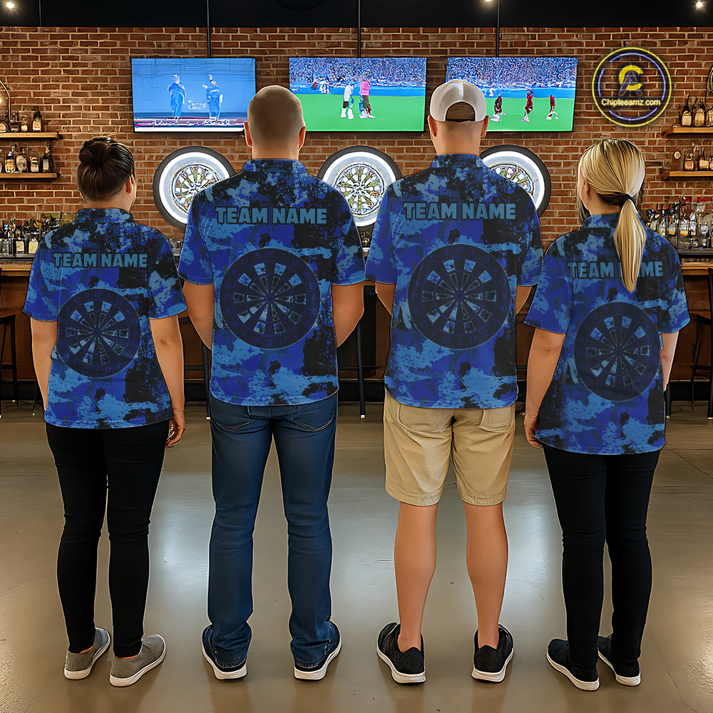 Custom Grunge Blue Camo Arrow Darts Shirts For Women, Retro Darts Jersey Team Polo & 1/4 Zip TDM5664