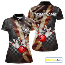 Load image into Gallery viewer, Retro American flag bowling polo shirt for women with patriotic bowling team graphics.