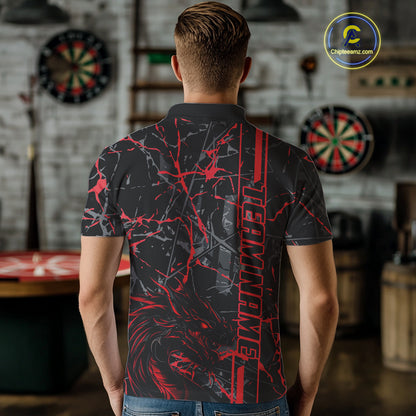 Red Grunge Dart Jerseys For Men, Fire Flame Dart Board Custom Name Dragon Darts League Shirts TDM3857