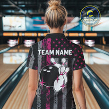 Load image into Gallery viewer, Custom Pink Ribbon Grunge American Flag Bowling Shirt For Women, Breast Cancer Bowling Team Jersey TDM6289