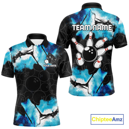 Dreamy blue bowling polo shirt for men with custom bowling team graphics.