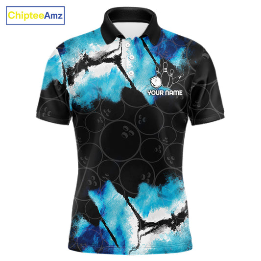 Dreamy blue bowling polo shirt for men with custom bowling team graphics.