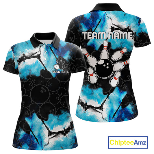 Dreamy blue bowling polo shirt for women with custom bowling team graphics.