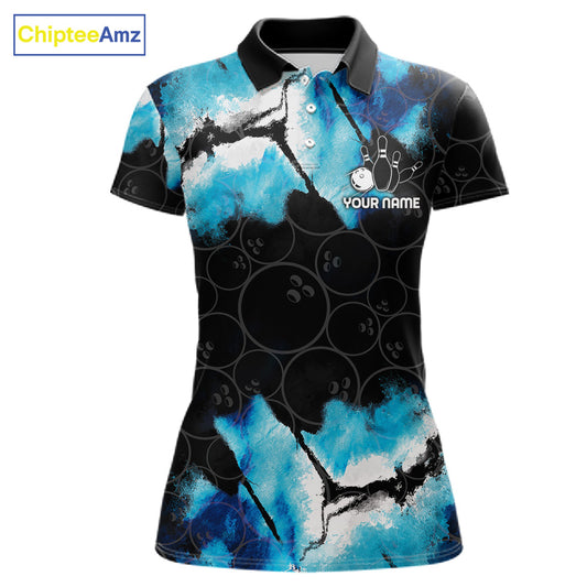 Dreamy blue bowling polo shirt for women with custom bowling team graphics.