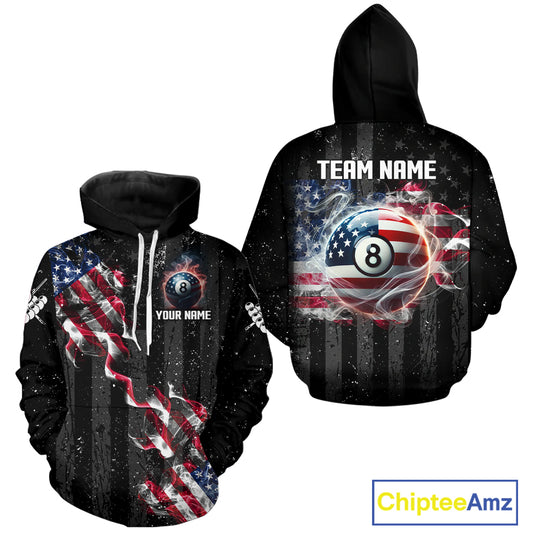 American Flag Smoke Billiard Hoodie For Men And Women Custom Patriotic 8 Ball Hoodie Team Jersey TDM5692