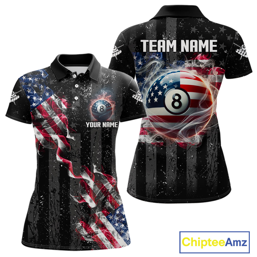Custom US Flag Smoke 8 Ball Pool Billiard Shirt For Women, 3D Patriotic Billiard Team Jersey TDM5692