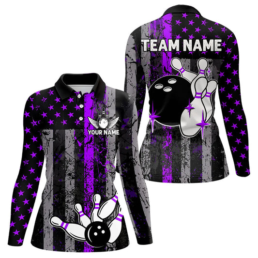 Purple And Black Grunge American Flag Patriotic Bowling Shirts For Women Custom Bowling Team Jerseys TDM3697