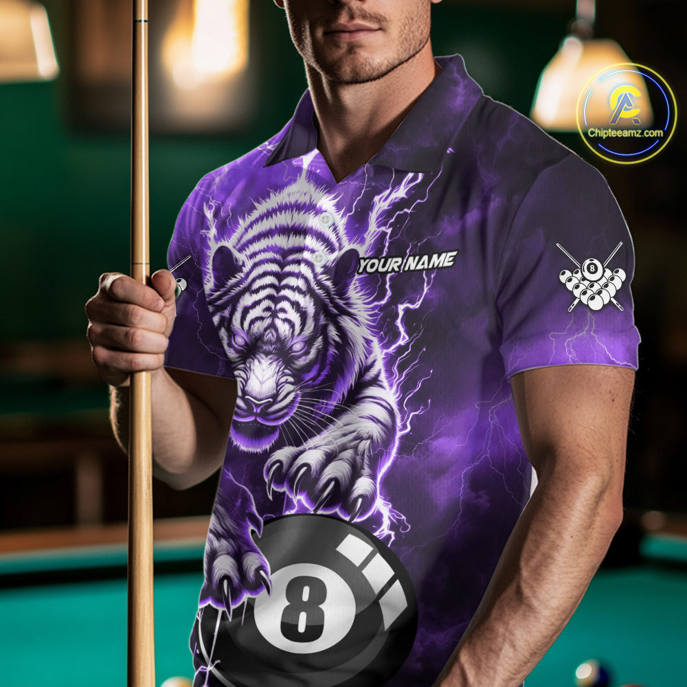 Purple 8 Ball Thunder Lightning Tiger Billiard Shirt For Men Custom Pool Team Jersey Polo, 1/4 Zip TDM6038