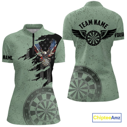 Eagle Retro American Flag Patriotic Darts Shirts For Women Custom Darts League Team Jersey | Green TDM7191