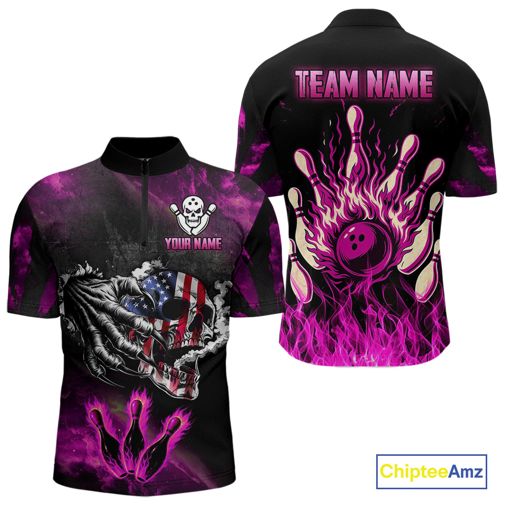 Pink Flaming American Flag Skull Bowling Shirt For Men Custom Fire Bowling Team Jersey TDM4751