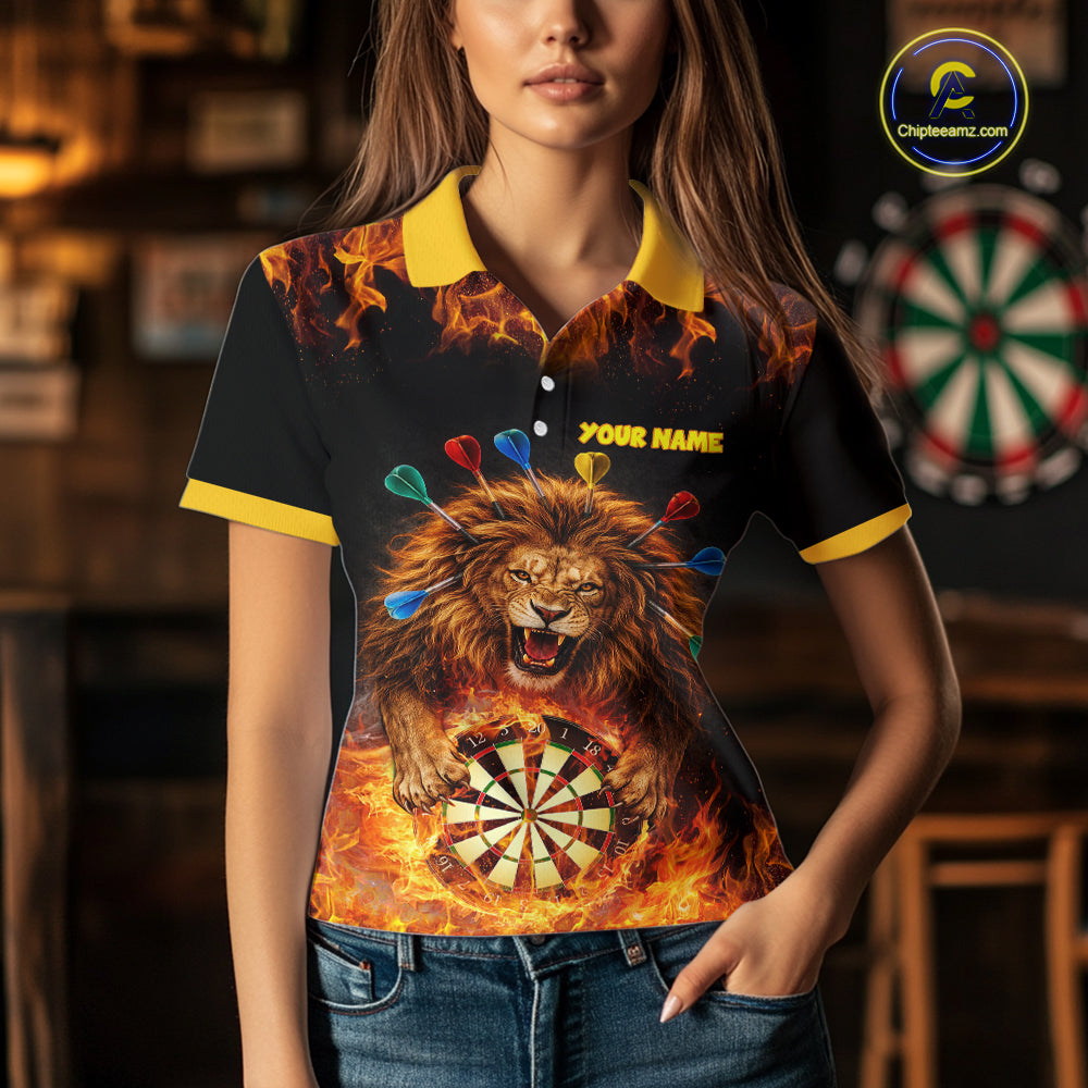 Personalized Fire Flame Lion Darts Shirt For Women Custom Darts Jersey Team Polo & Quarter Zip TDM6311