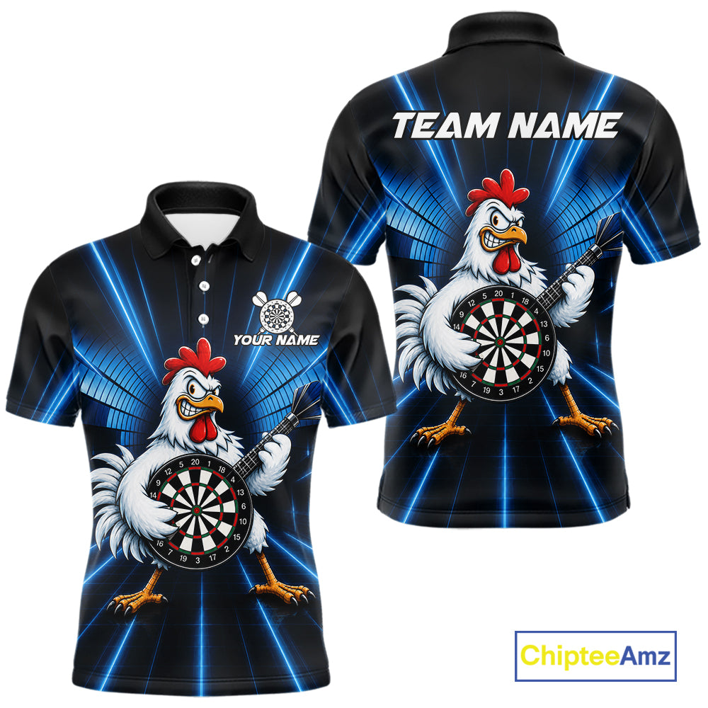 Blue Funny Chicken Playing Dartboard Guitar Custom Darts Shirts For Men, Darts Team Jersey TDM7202