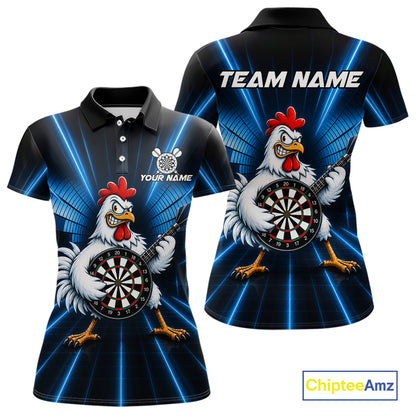 Blue Funny Chicken Playing Dartboard Guitar Custom Darts Shirts For Women, Darts Team Jersey TDM7202