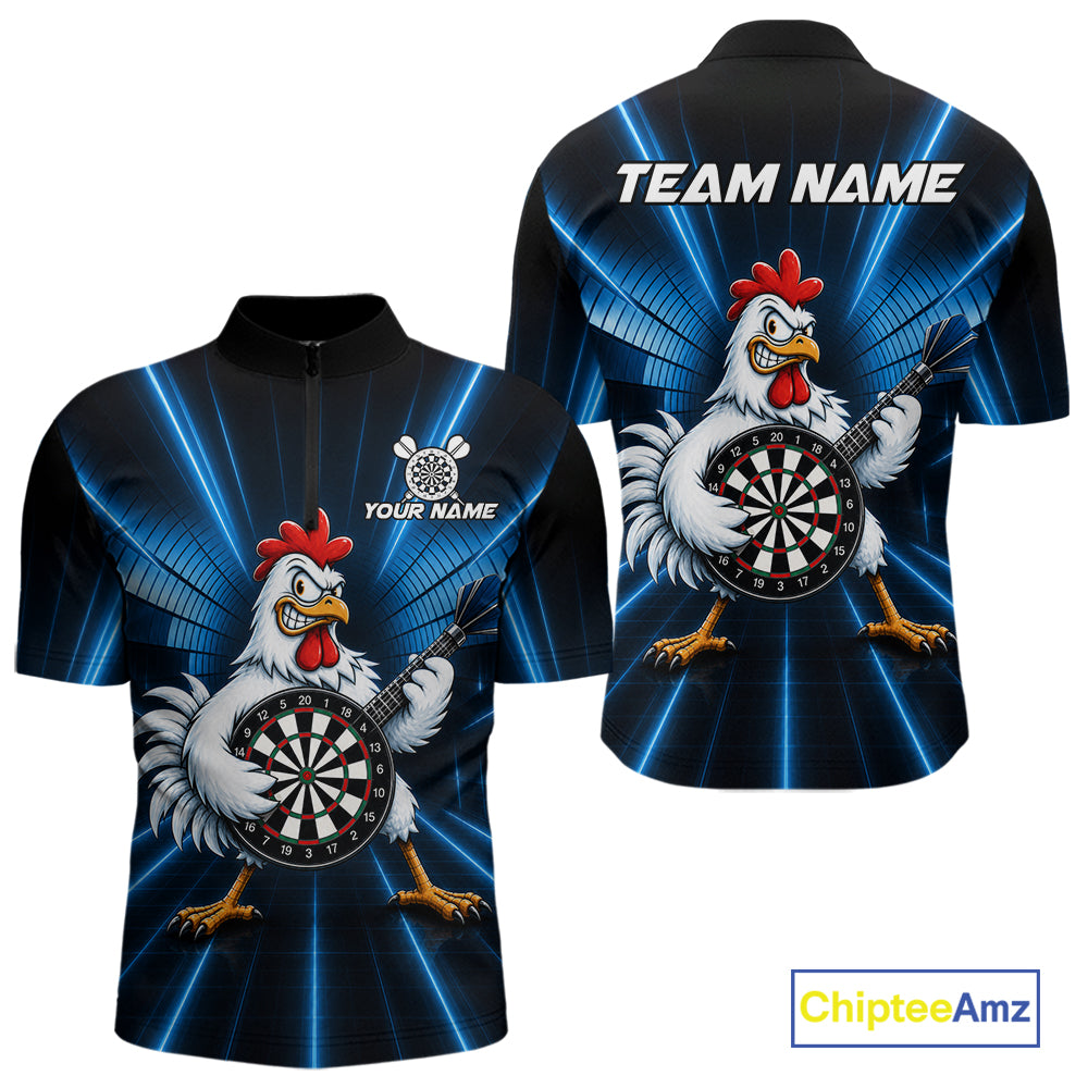 Blue Funny Chicken Playing Dartboard Guitar Custom Darts Shirts For Men, Darts Team Jersey TDM7202