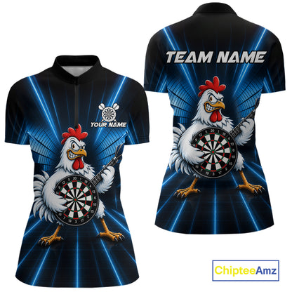 Blue Funny Chicken Playing Dartboard Guitar Custom Darts Shirts For Women, Darts Team Jersey TDM7202