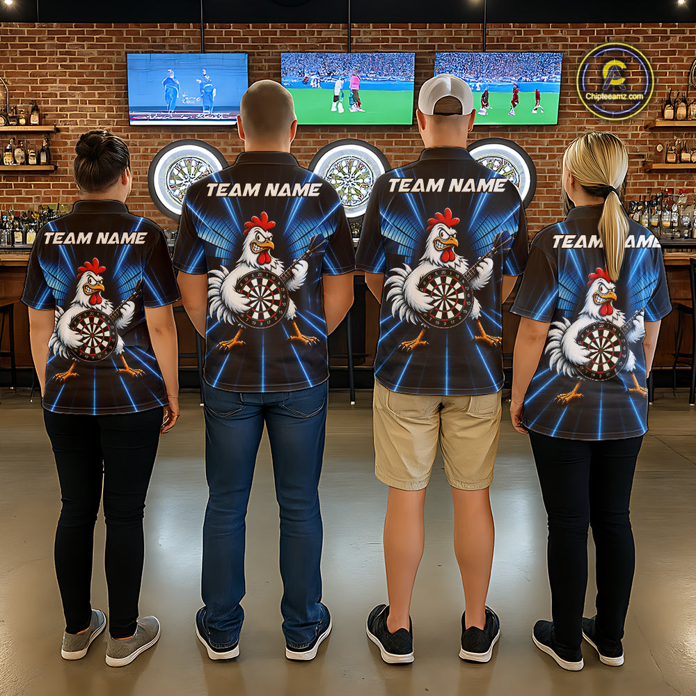 Blue Funny Chicken Playing Dartboard Guitar Custom Darts Shirts For Men, Darts Team Jersey TDM7202