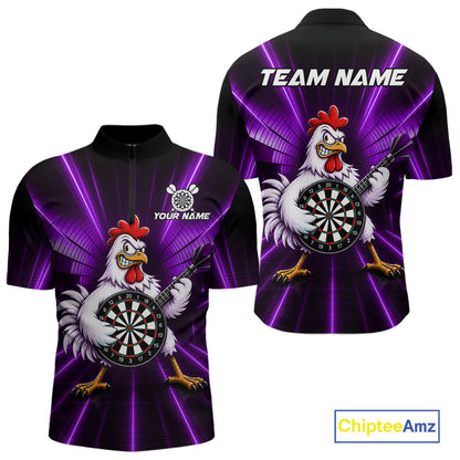 Purple Funny Chicken Playing Dartboard Guitar Custom Darts Shirts For Men, Darts Team Jersey TDM7203