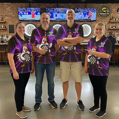 Purple Funny Chicken Playing Dartboard Guitar Custom Darts Shirts For Men, Darts Team Jersey TDM7203