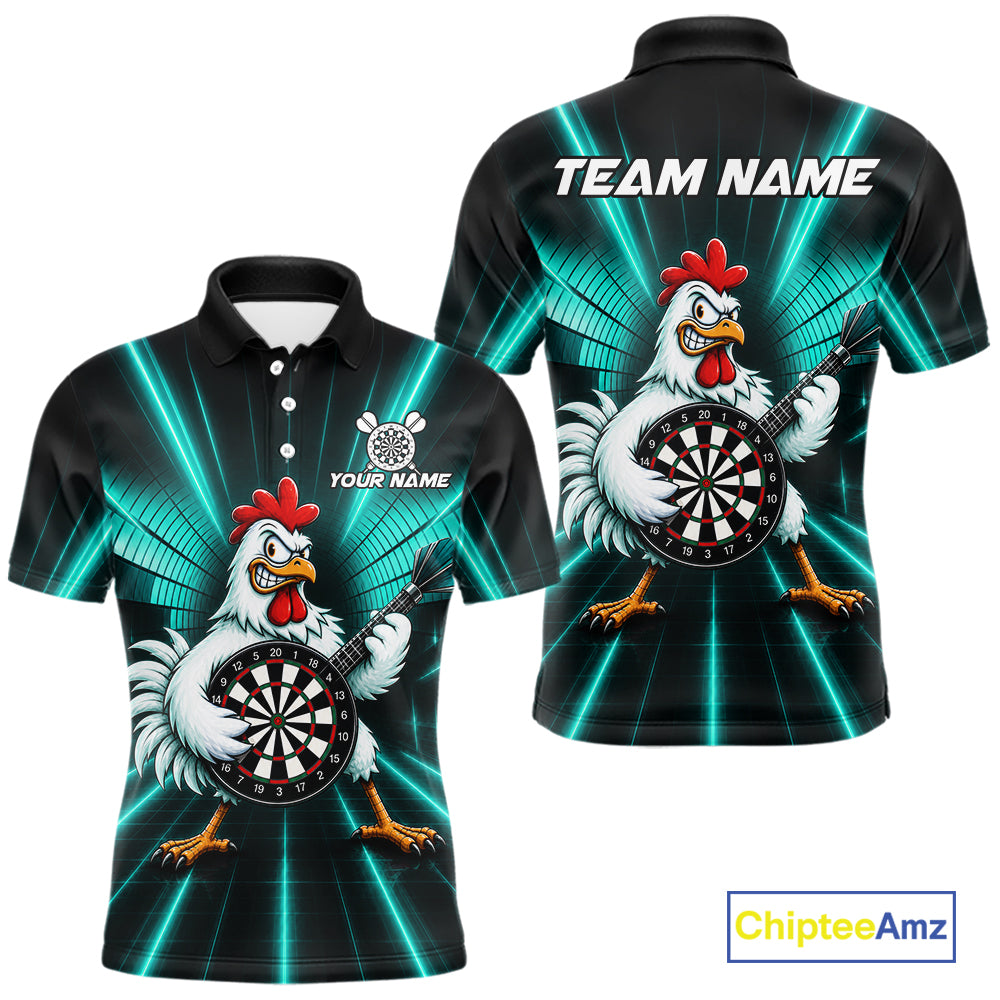 Teal Funny Chicken Playing Dartboard Guitar Custom Darts Shirts For Men, Darts Team Jersey TDM7204