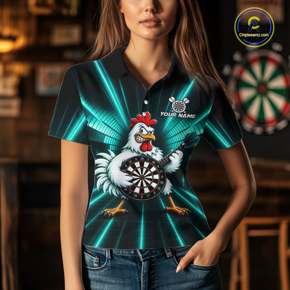 Teal Funny Chicken Playing Dartboard Guitar Custom Darts Shirts For Women, Darts Team Jersey TDM7204