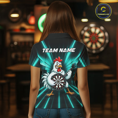 Teal Funny Chicken Playing Dartboard Guitar Custom Darts Shirts For Women, Darts Team Jersey TDM7204
