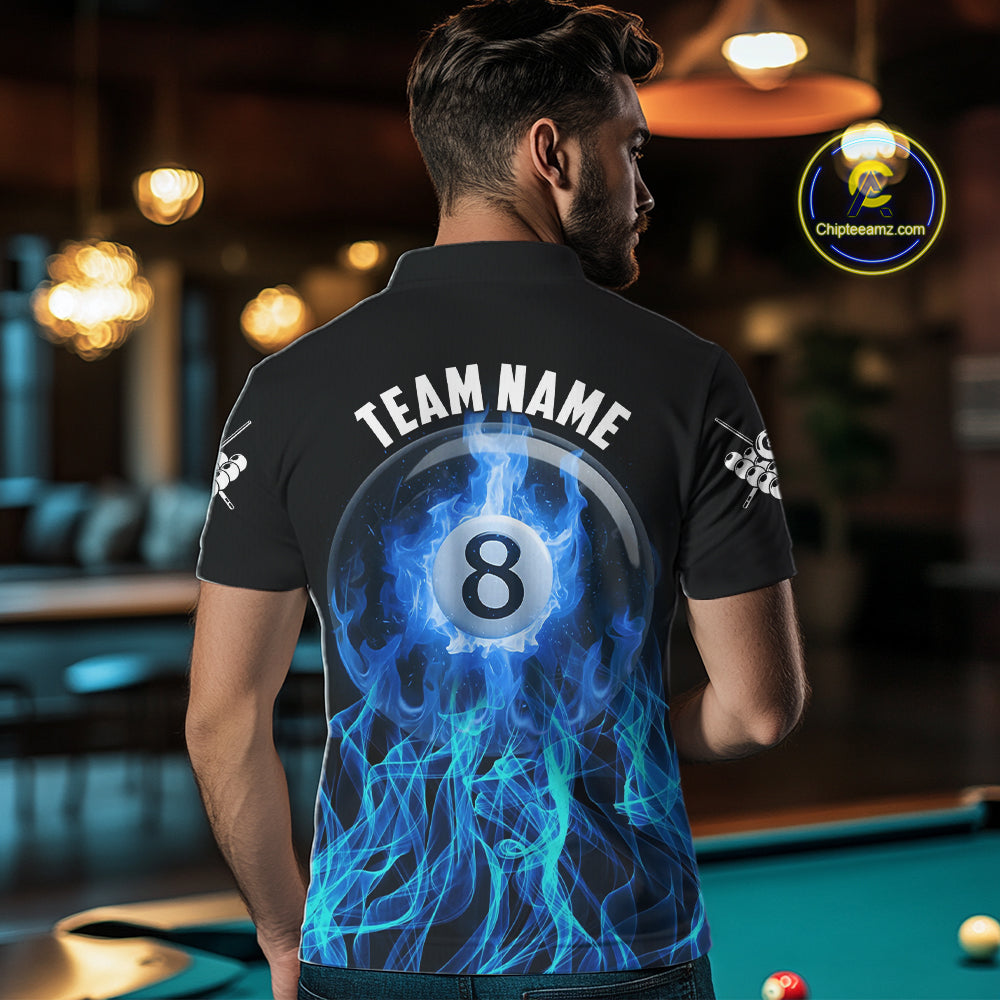 Blue Flaming 8 Ball Billiard Polo & 1/4 Zip For Men Custom Billiard Jersey, Pool Team Shirts TDM5431
