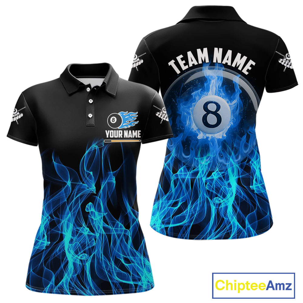 Blue Flaming 8 Ball Billiard Polo & 1/4 Zip For Women Custom Billiard Jersey, Pool Team Shirts TDM5431