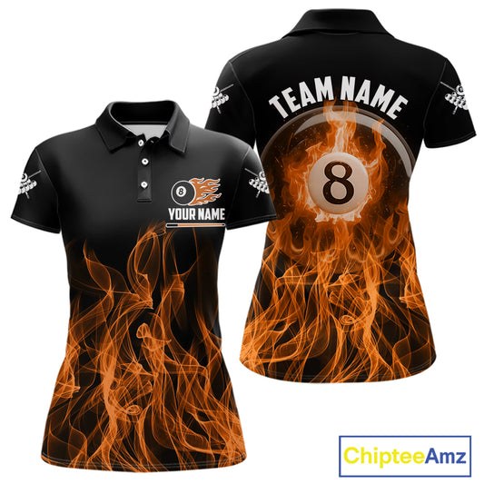 Orange Flaming 8 Ball Billiard Polo & 1/4 Zip For Women Custom Billiard Jersey, Pool Team Shirts TDM5432