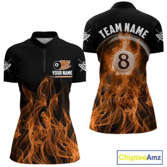 Orange Flaming 8 Ball Billiard Polo & 1/4 Zip For Women Custom Billiard Jersey, Pool Team Shirts TDM5432