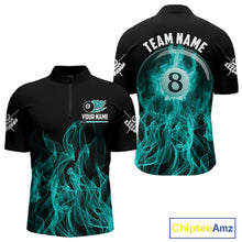 Load image into Gallery viewer, Turquoise Flaming 8 Ball Billiard Polo &amp; 1/4 Zip For Men Custom Billiard Jersey, Pool Team Shirts TDM5433