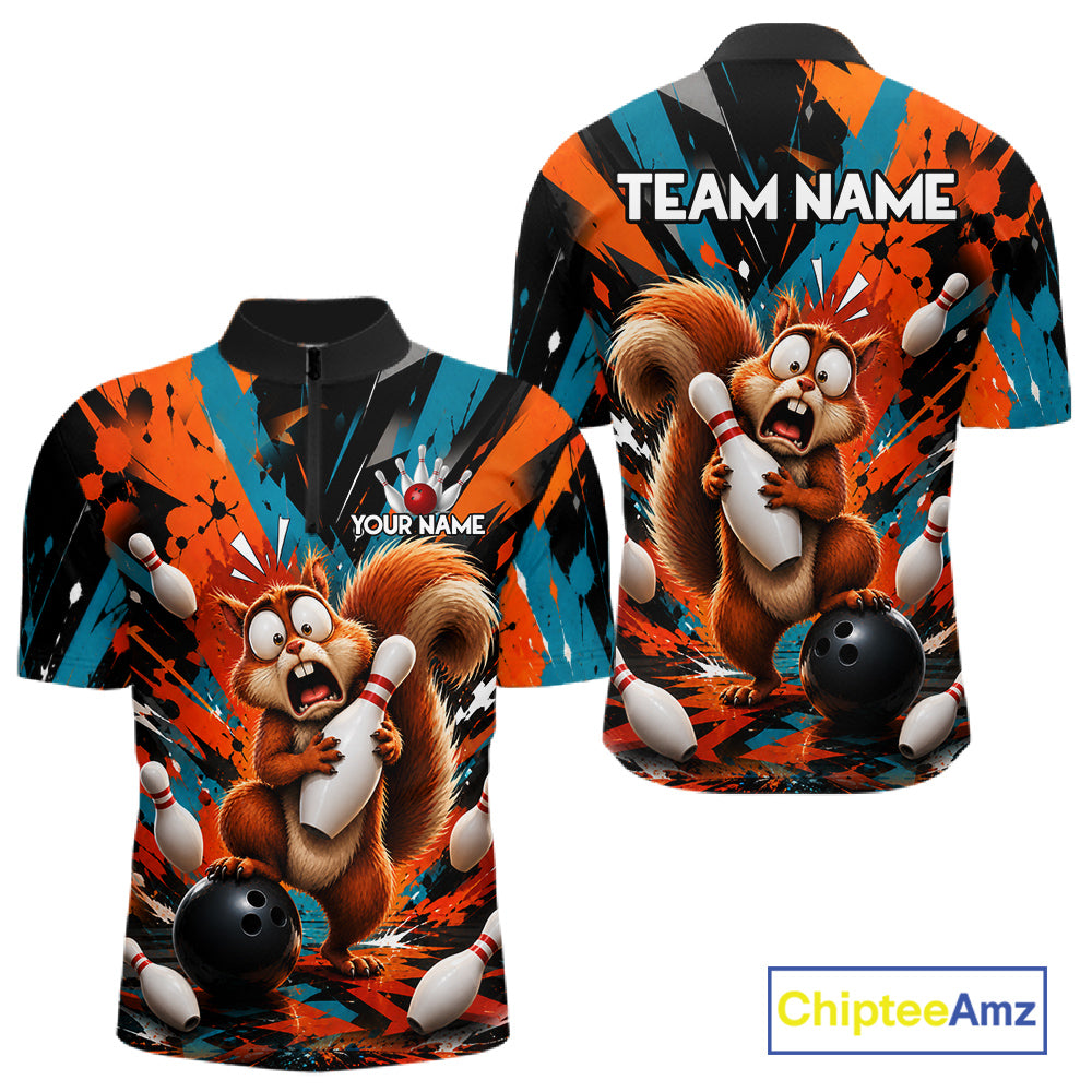 Colorful Graffiti Funny Squirrel Bowling Polo, 1/4 Zip Shirts For Men Custom Bowling Team Jersey TDM6489