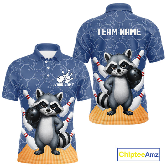 Funny Raccoon Navy Blue Bowling Polo & Quarter Zip Shirts For Men Custom Bowling Team Jersey TDM6490