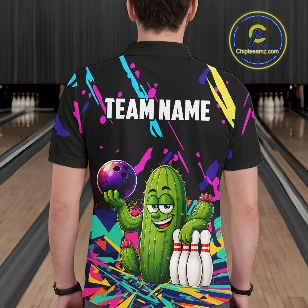 Colorful Bowling Jersey Funny Cactus Bowling Polo & 1/4 Zip For Men Custom Bowling Team Shirts TDM6492