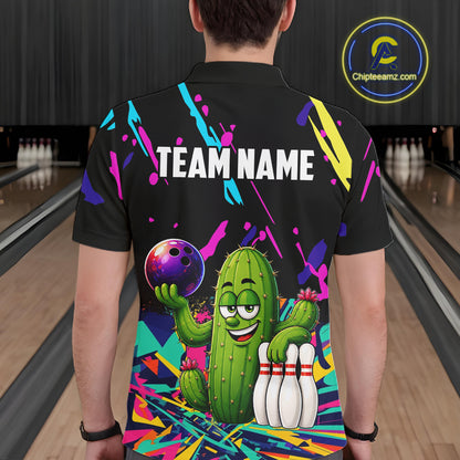 Colorful Bowling Jersey Funny Cactus Bowling Polo & 1/4 Zip For Men Custom Bowling Team Shirts TDM6492