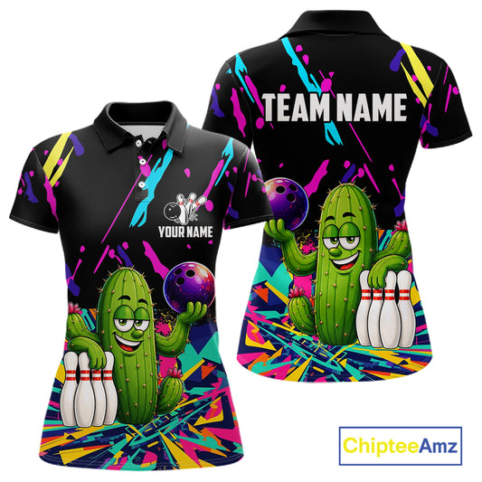 Colorful Bowling Jersey Funny Cactus Bowling Polo & 1/4 Zip For Women Custom Bowling Team Shirts TDM6492