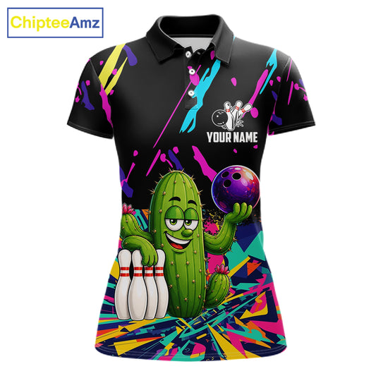 Colorful Bowling Jersey Funny Cactus Bowling Polo & 1/4 Zip For Women Custom Bowling Team Shirts TDM6492