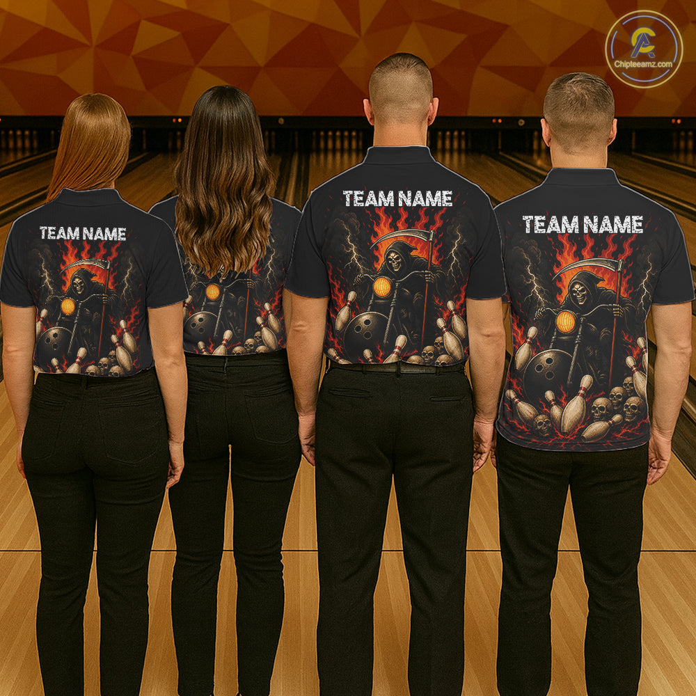 Funny Grim Reaper Motorcycle Bowling Shirts For Women Custom Orange Flame Bowling Team Jersey TDM7214