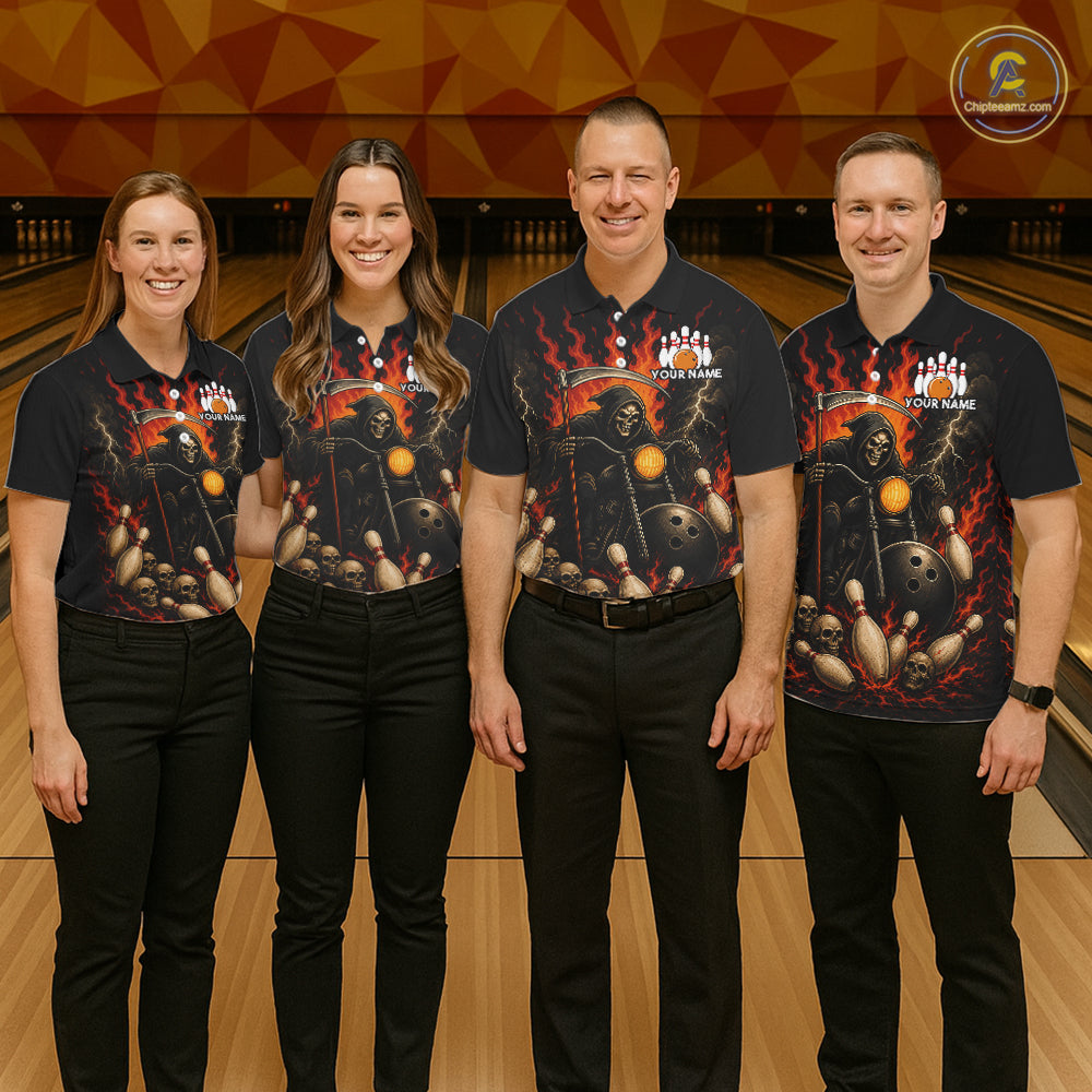 Funny Grim Reaper Motorcycle Bowling Shirts For Women Custom Orange Flame Bowling Team Jersey TDM7214