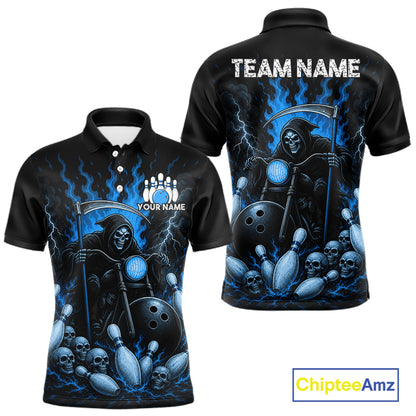 Funny Grim Reaper Motorcycle Bowling Shirts For Men Custom Blue Flaming Bowling Team Jersey TDM7215