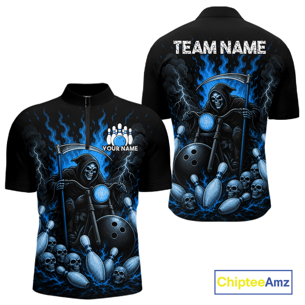 Funny Grim Reaper Motorcycle Bowling Shirts For Men Custom Blue Flaming Bowling Team Jersey TDM7215